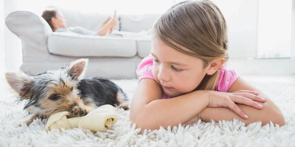 Girl on white fluffy carpet with dog